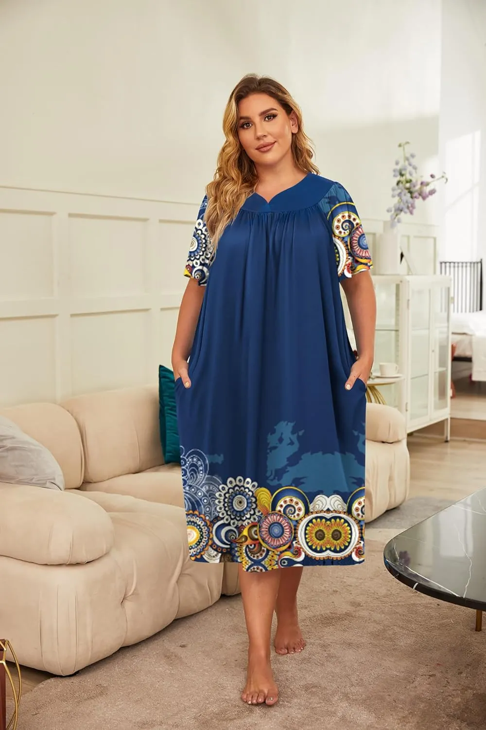 Ekouaer Plus Women's Plus Size Mumu Dress Short Sleeve House Dress Momo Sleepdress with Pockets
