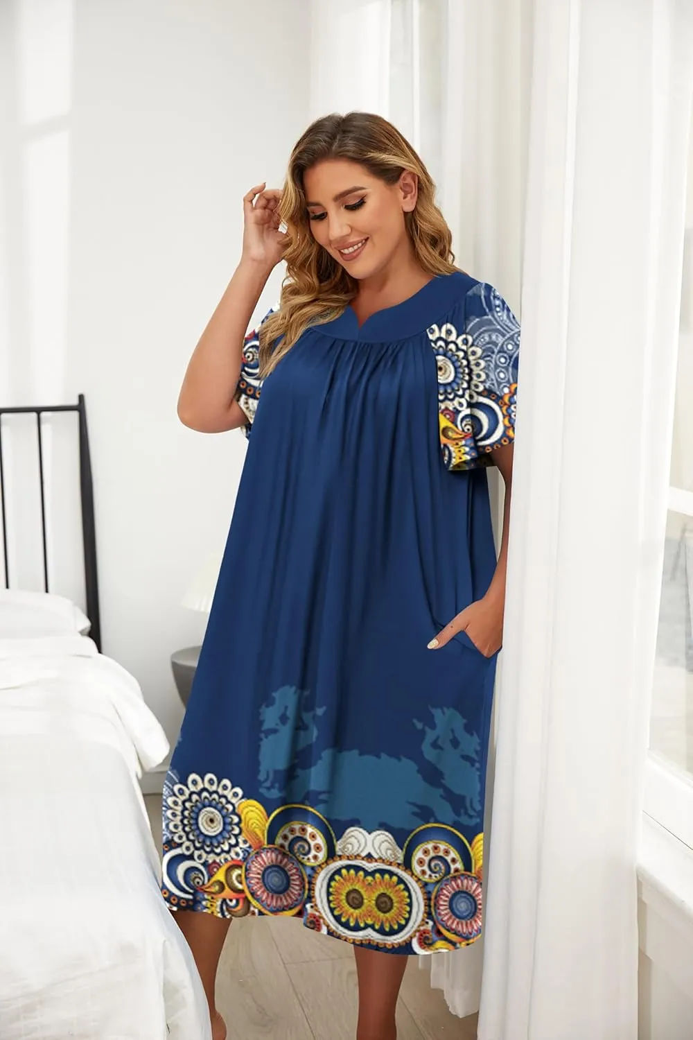 Ekouaer Plus Women's Plus Size Mumu Dress Short Sleeve House Dress Momo Sleepdress with Pockets