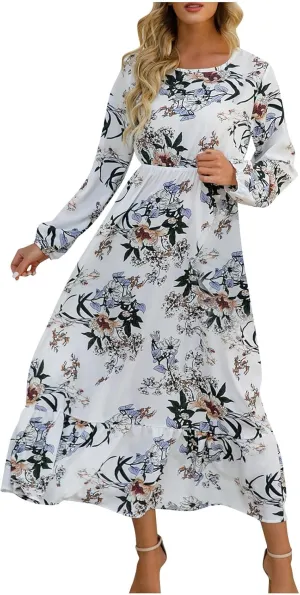 Fall Dresses for Women 2024 Trendy Floral Dress Casual Crewneck Long Sleeve High Waisted Ruffle Flowy Long Maxi Dress