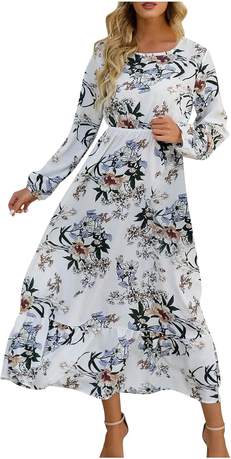 Fall Dresses for Women 2024 Trendy Floral Dress Casual Crewneck Long Sleeve High Waisted Ruffle Flowy Long Maxi Dress