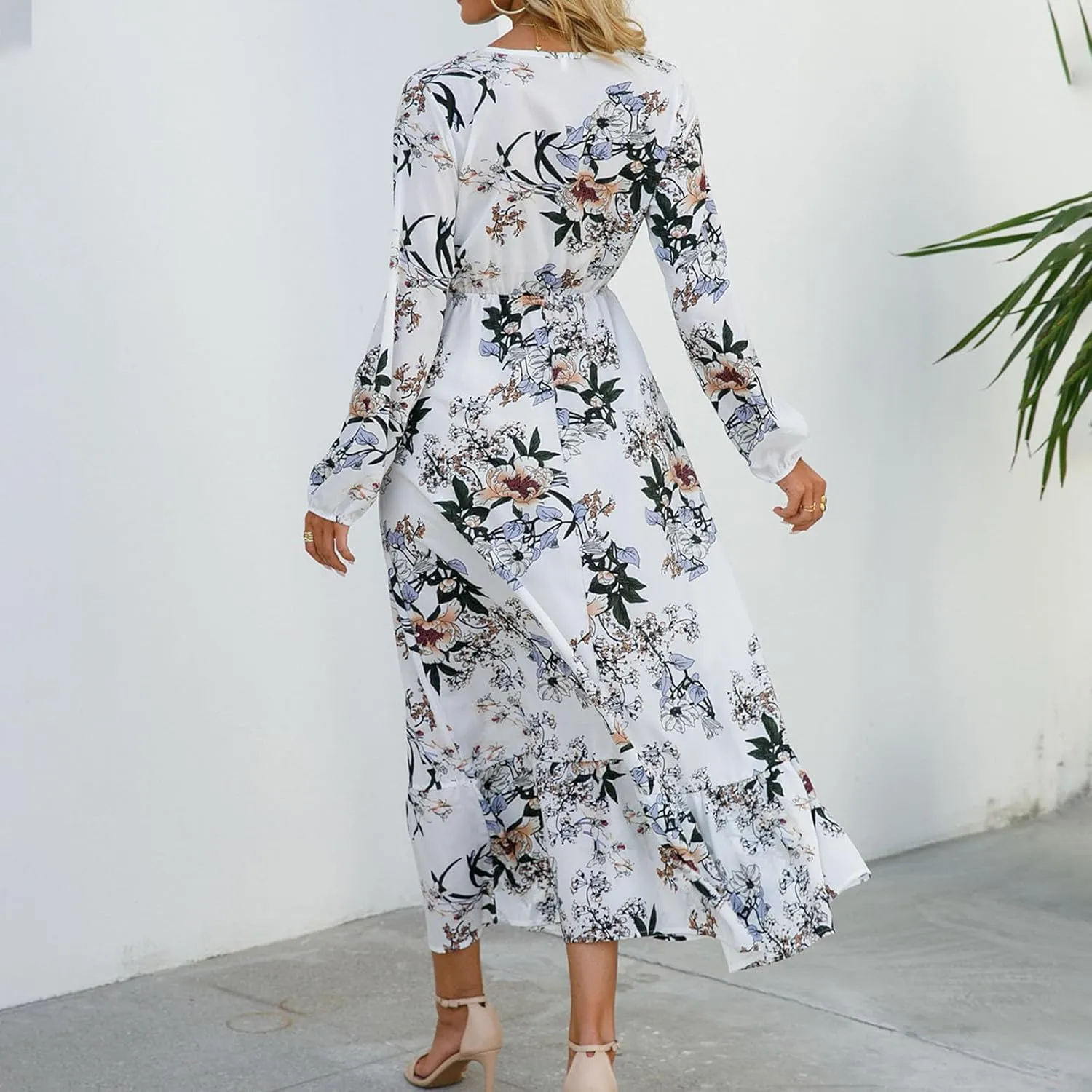 Fall Dresses for Women 2024 Trendy Floral Dress Casual Crewneck Long Sleeve High Waisted Ruffle Flowy Long Maxi Dress