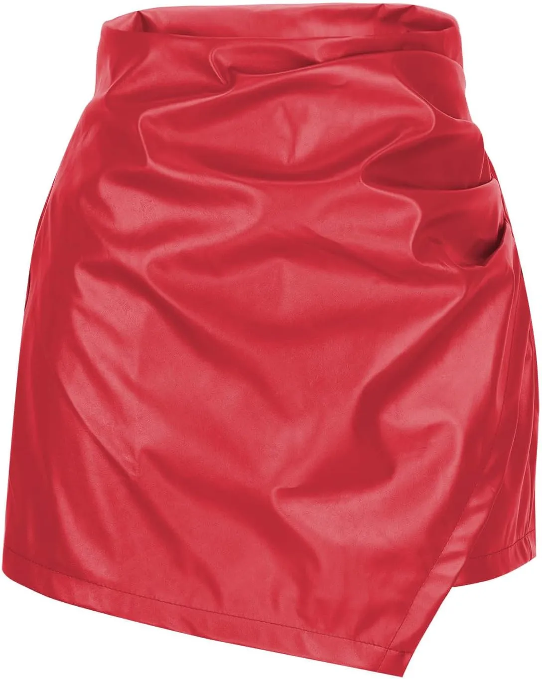 Faux Leather Skorts for Woman High Waisted Ruched Wrap Skorts Skirts Asymmetric Hem Slim Bodycon Skirt with Shorts