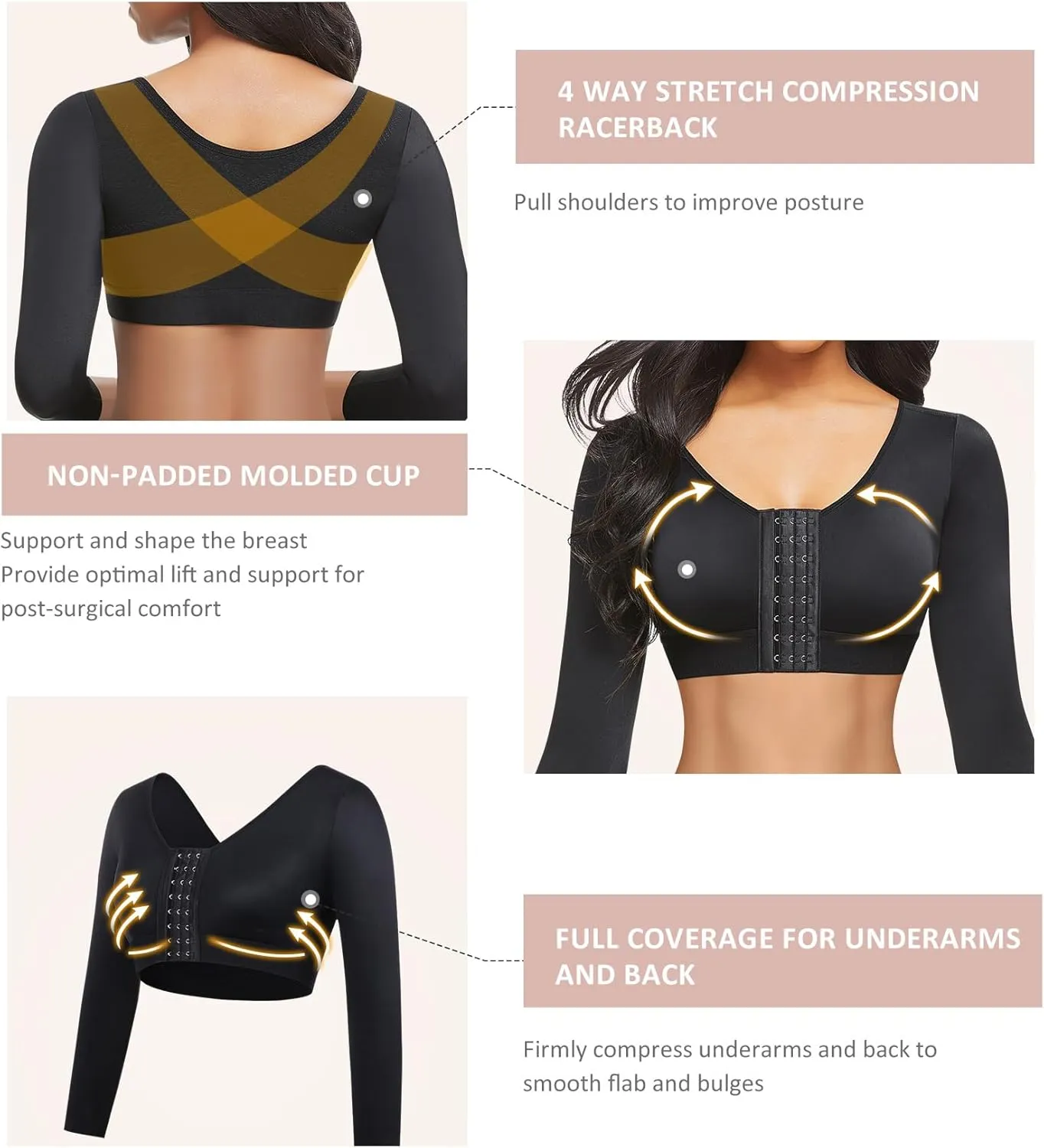 FeelinGirl Arm Shaper for Women Post Surgery Arm Lipo Compression Sleeves Slimming Arm Front Closure Shapewear Bra