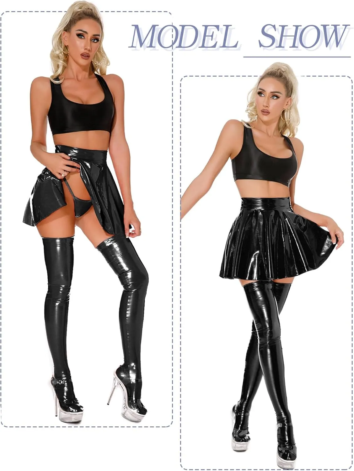 FEOYA Women Mini Leather Skirts Metallic Club Party Bodycon Skirt