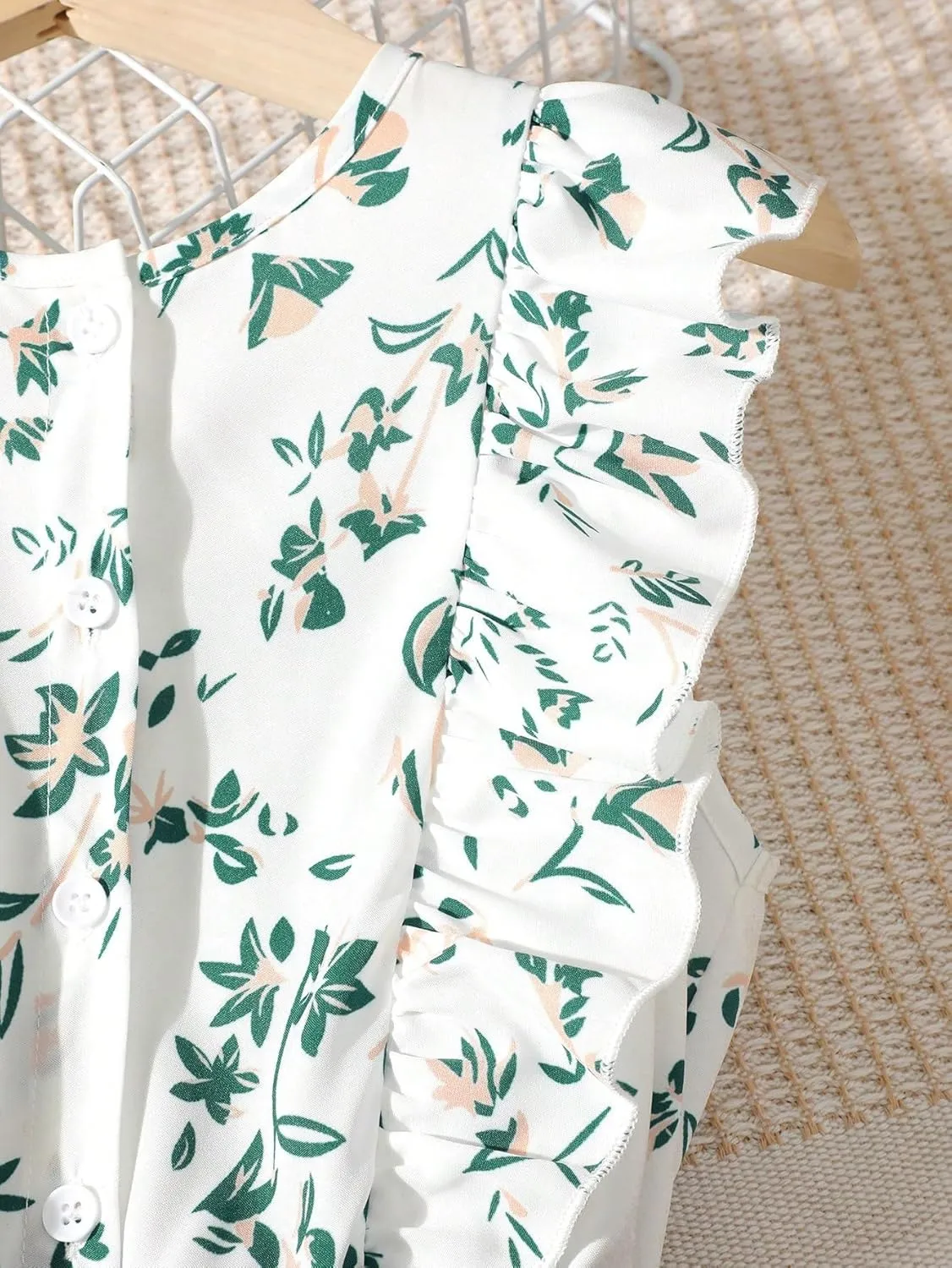 Floerns Girls Floral Print Sleeveless Ruffle Trim Belted Pants Jumpsuit