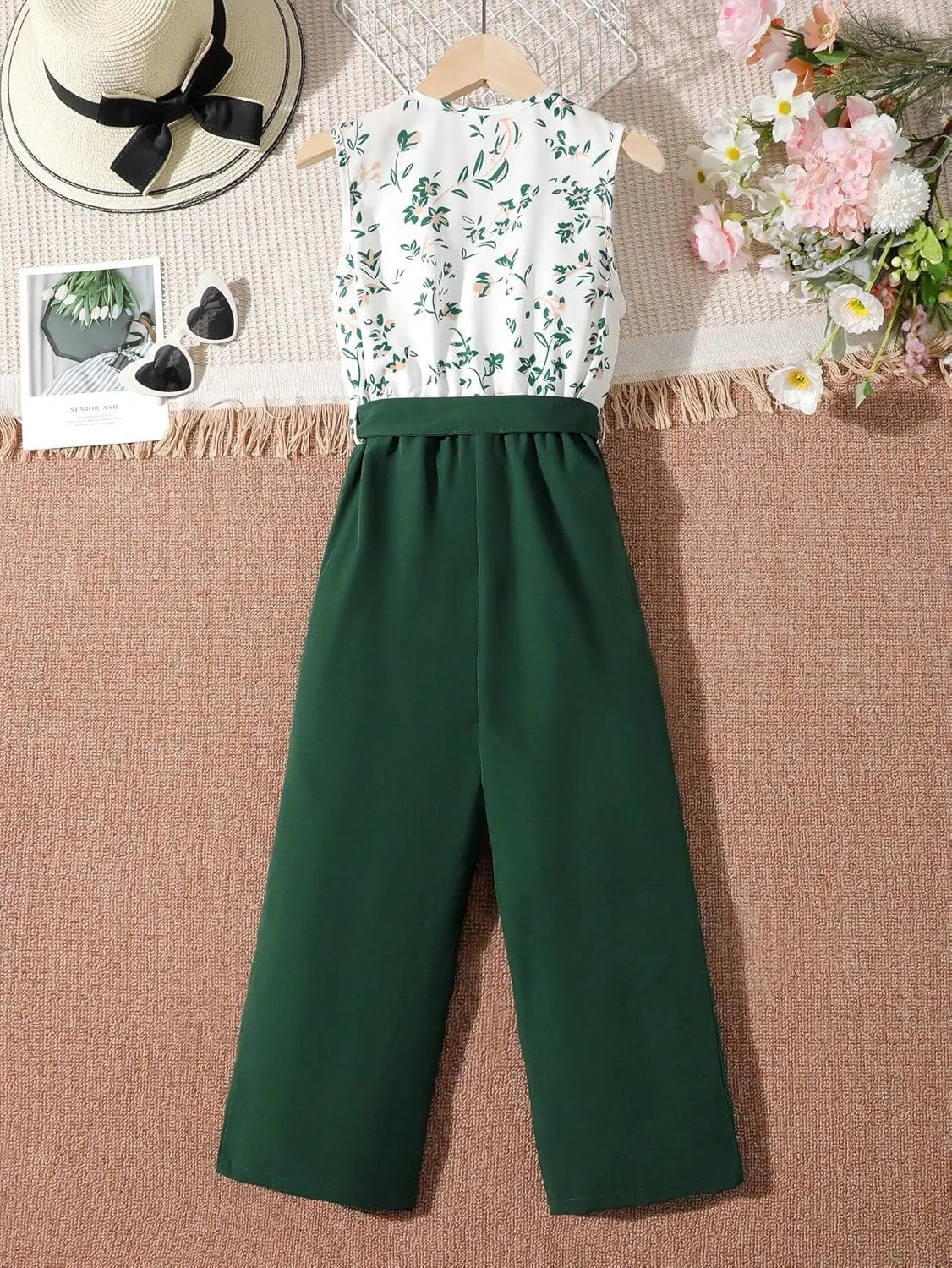 Floerns Girls Floral Print Sleeveless Ruffle Trim Belted Pants Jumpsuit