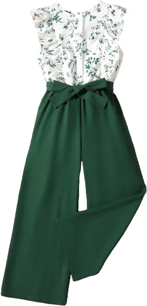 Floerns Girls Floral Print Sleeveless Ruffle Trim Belted Pants Jumpsuit