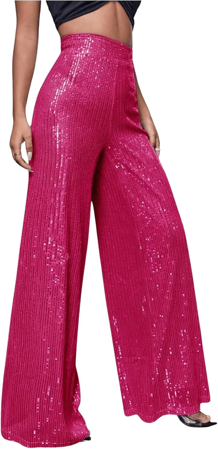 Floerns Women's Contrast Sequin High Waist Wide Leg Party Clubwear Long Pants