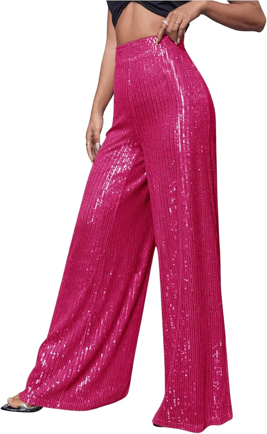 Floerns Women's Contrast Sequin High Waist Wide Leg Party Clubwear Long Pants