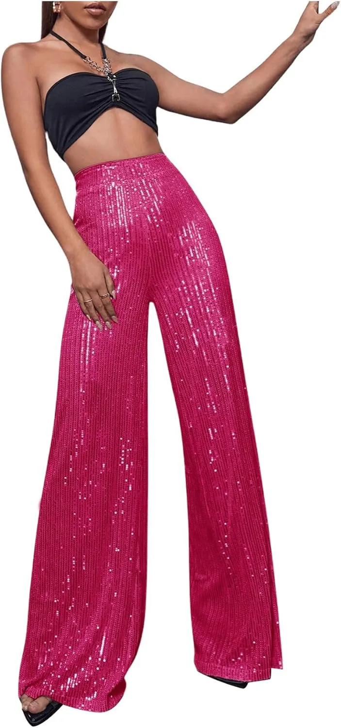 Floerns Women's Contrast Sequin High Waist Wide Leg Party Clubwear Long Pants