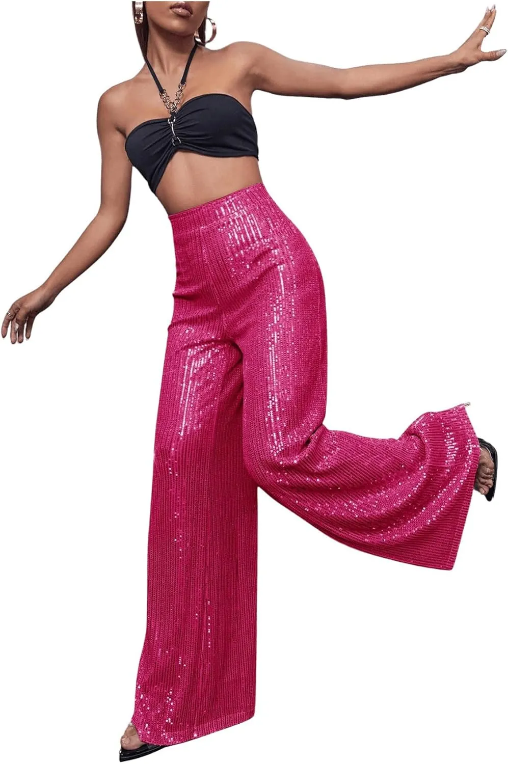 Floerns Women's Contrast Sequin High Waist Wide Leg Party Clubwear Long Pants