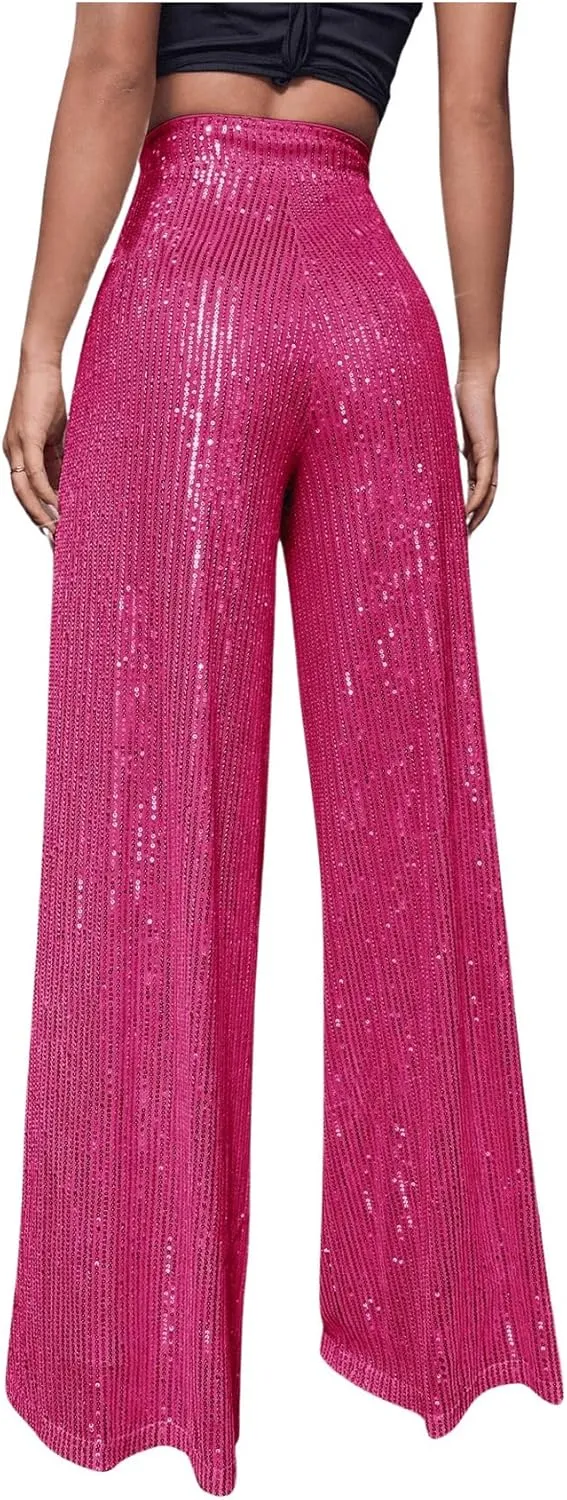 Floerns Women's Contrast Sequin High Waist Wide Leg Party Clubwear Long Pants