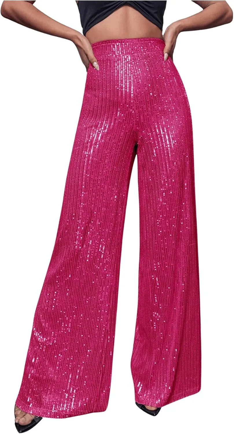 Floerns Women's Contrast Sequin High Waist Wide Leg Party Clubwear Long Pants