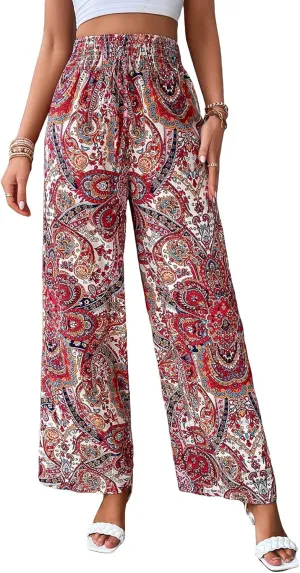 Floerns Women's Leopard Print Straight Leg Pants Loose Drawstring Waist Trousers