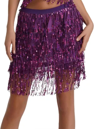 Fringe Skirts for Women Trendy Hip Scarf Tassel Elastic High Waisted Festival Sparkly Belly Dance Mini Sequin Skirt