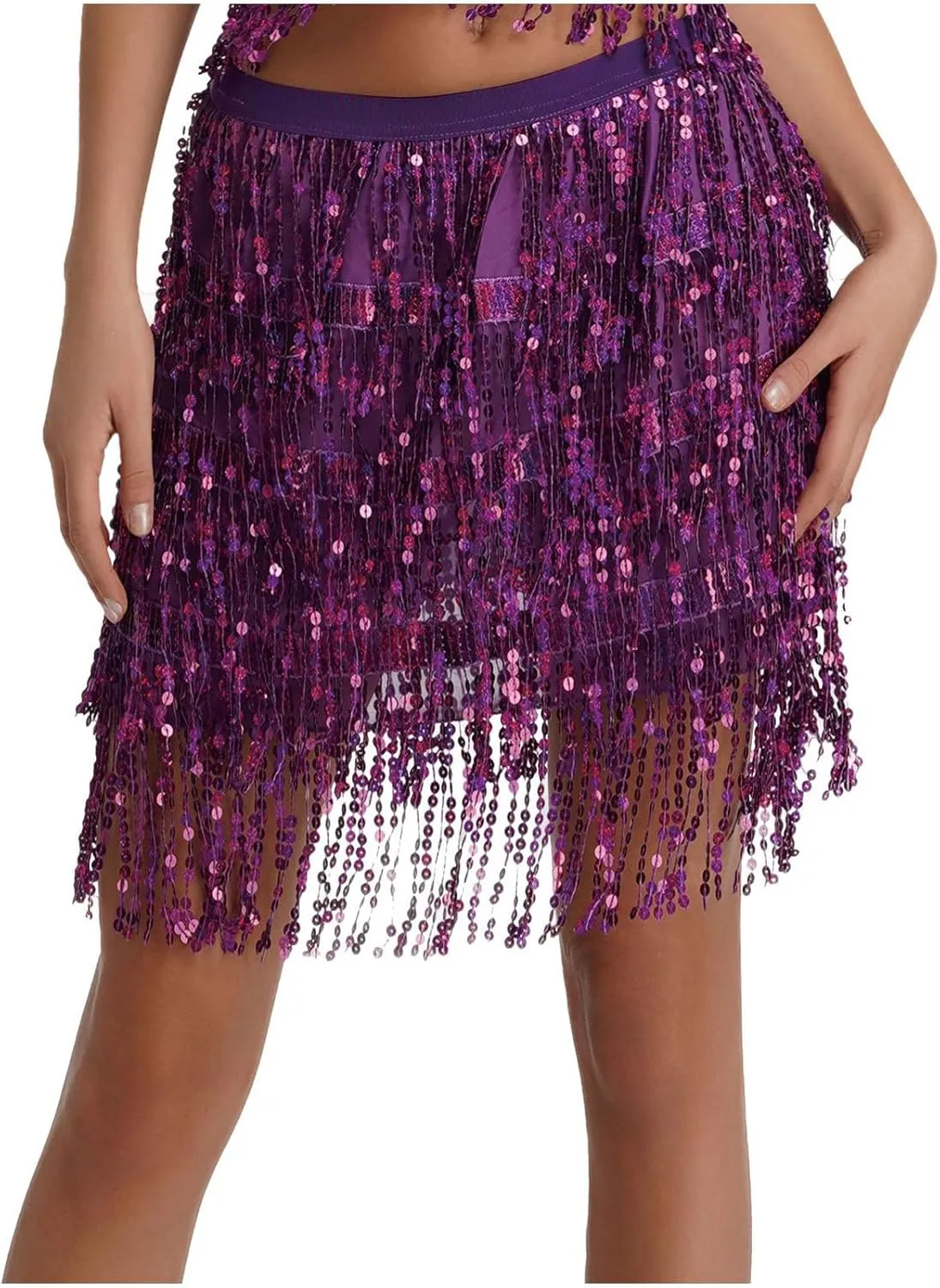 Fringe Skirts for Women Trendy Hip Scarf Tassel Elastic High Waisted Festival Sparkly Belly Dance Mini Sequin Skirt