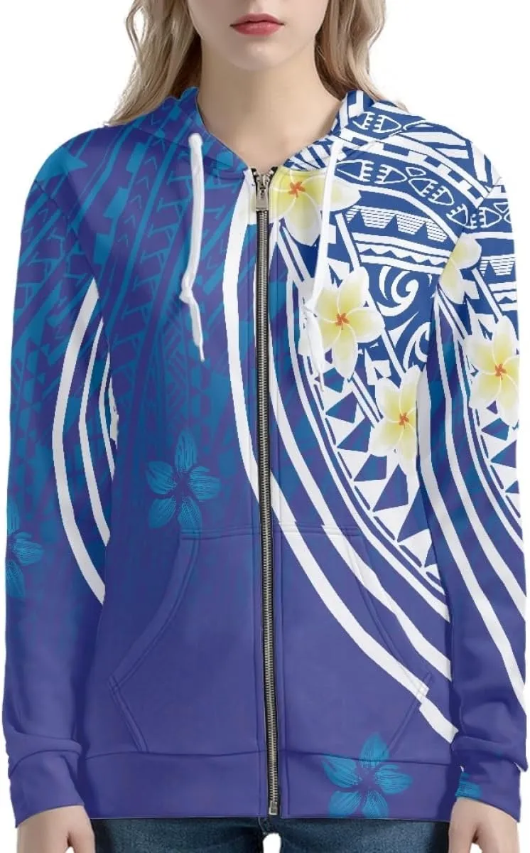 GLUDEAR Women Polynesian Tribal Print Zip Up Hoodies Long Sleeve Hooded Sweatshirts Oversized Casual Jacket
