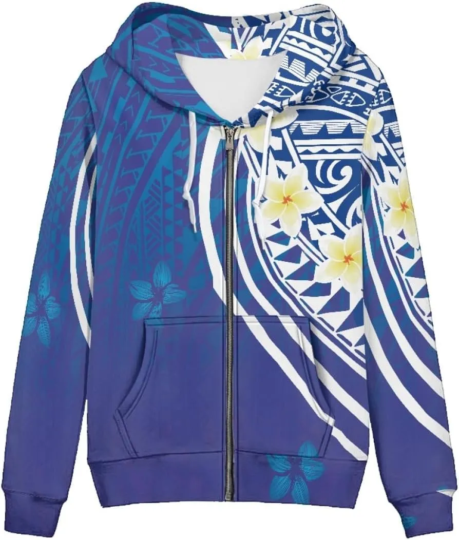 GLUDEAR Women Polynesian Tribal Print Zip Up Hoodies Long Sleeve Hooded Sweatshirts Oversized Casual Jacket