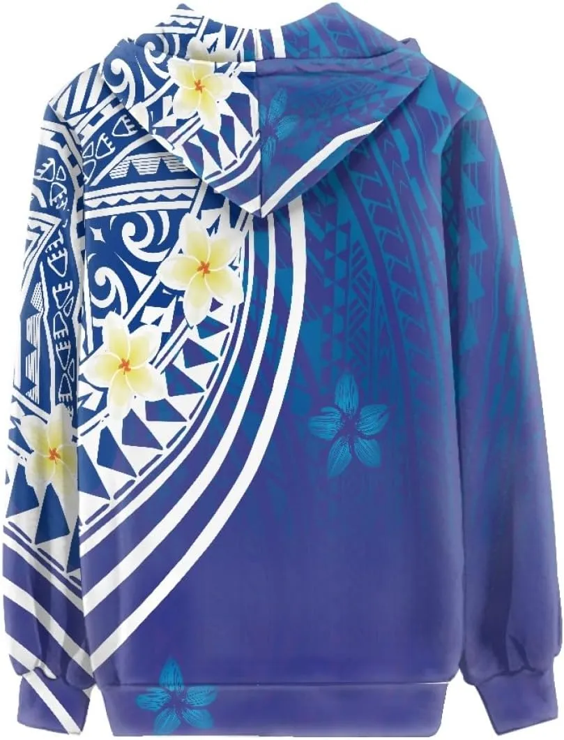 GLUDEAR Women Polynesian Tribal Print Zip Up Hoodies Long Sleeve Hooded Sweatshirts Oversized Casual Jacket