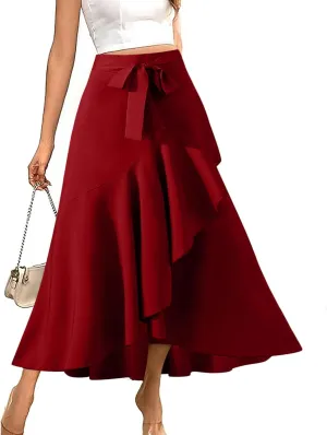 High Waisted Skirt for Women Ruffle Asymmetrical Hem Elastic Business Casual Skirts Tie Front Fishtail Maxi Skirts