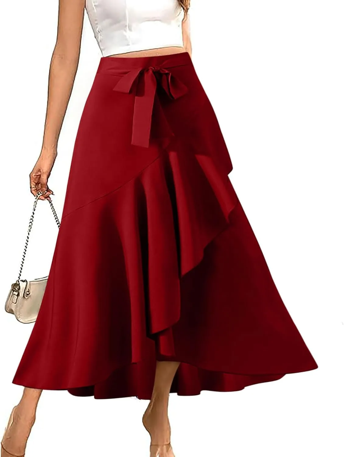 High Waisted Skirt for Women Ruffle Asymmetrical Hem Elastic Business Casual Skirts Tie Front Fishtail Maxi Skirts