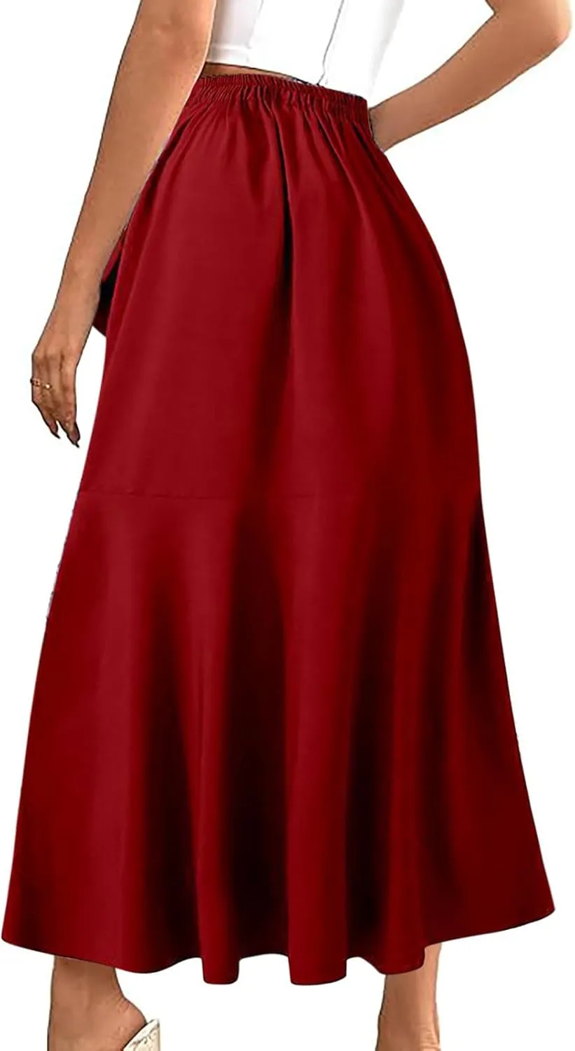 High Waisted Skirt for Women Ruffle Asymmetrical Hem Elastic Business Casual Skirts Tie Front Fishtail Maxi Skirts