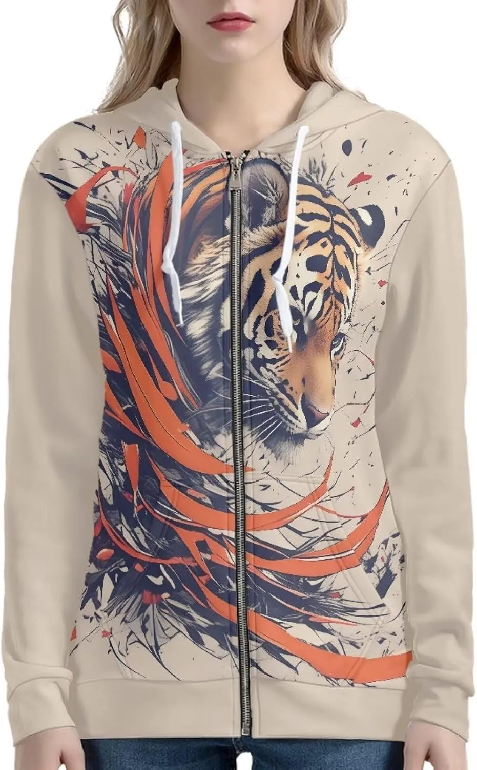 Irisjudy Women Oversized Hoodies Retro Boho Xmas Flower Hooded Jacket Island Totem Long-Sleeve Fall Outwear Sweatshirt Zip-up