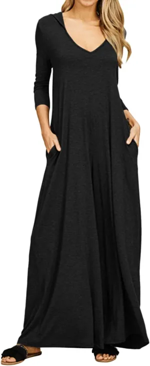 Jacansi Women's V-Neck Casual Long Sleeve/Short Sleeve Maxi Dress Hoodie Pocket Dress