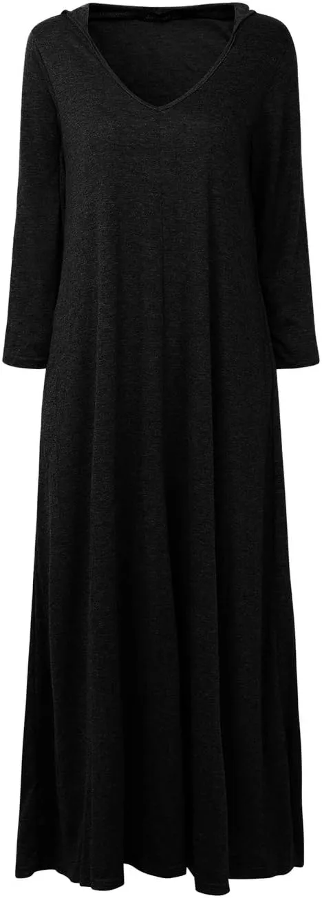 Jacansi Women's V-Neck Casual Long Sleeve/Short Sleeve Maxi Dress Hoodie Pocket Dress