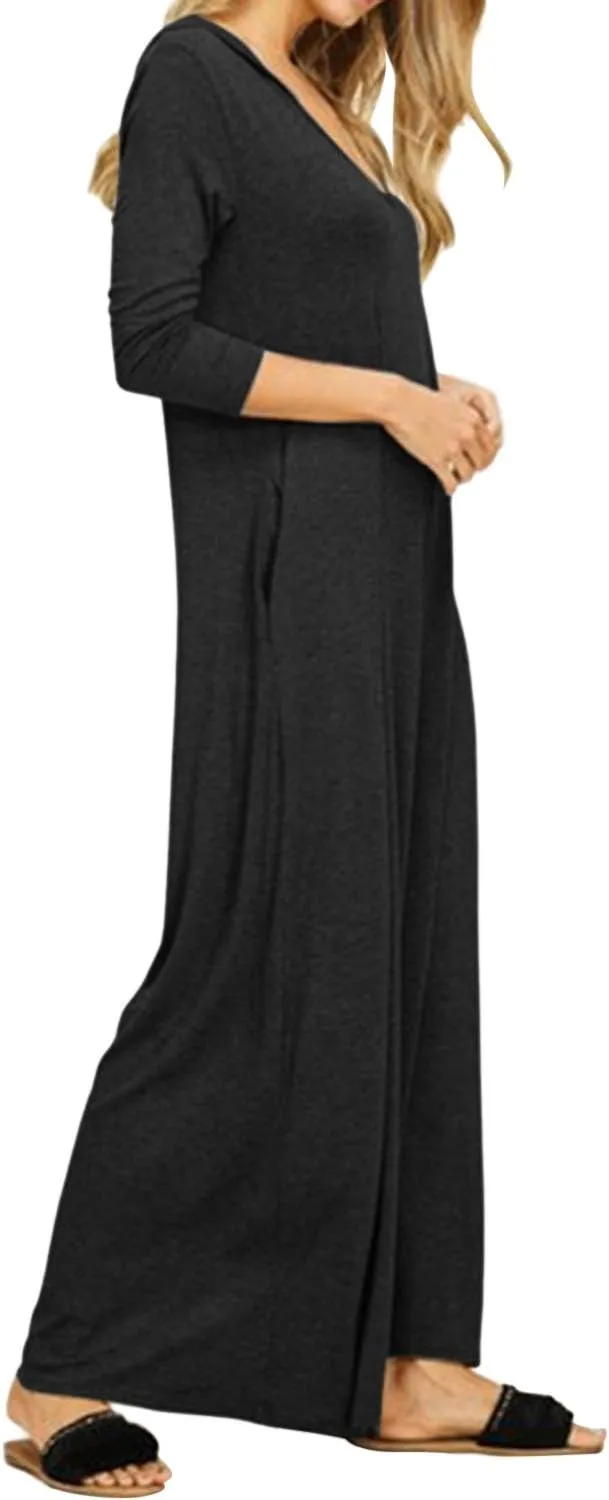 Jacansi Women's V-Neck Casual Long Sleeve/Short Sleeve Maxi Dress Hoodie Pocket Dress
