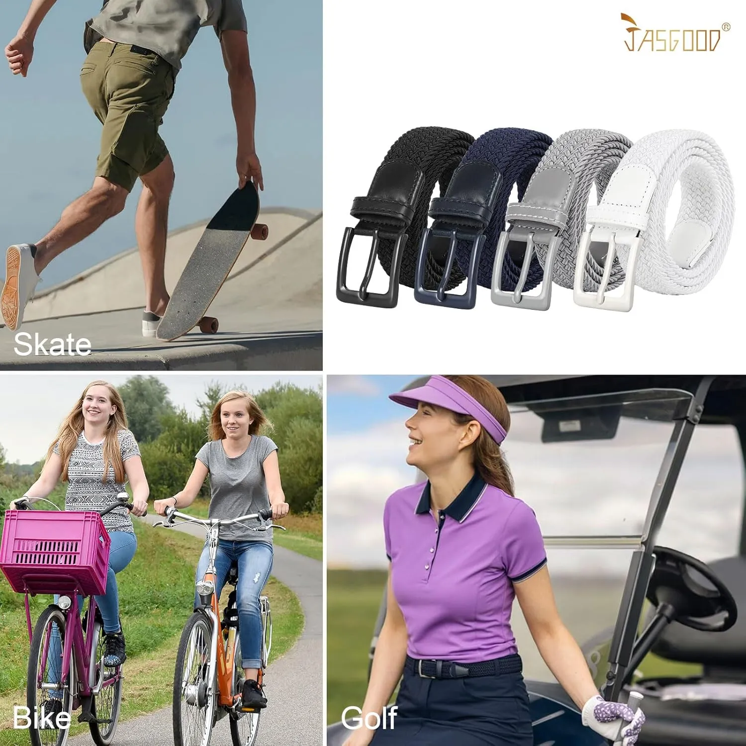JASGOOD Women Braided Woven Elastic Stretch Belt Men Golf Web Casual Belt for Pants Jeans