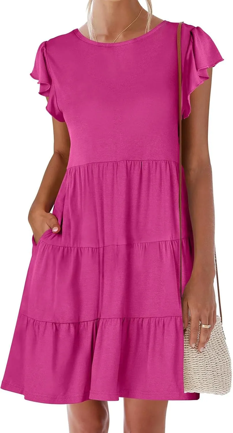 JOAU Women's Summer Dresses 2024 Casual Ruffle Cap Sleeve Crew Neck Mini Dress Loose Fit Tiered Swing A Line Short Dresses
