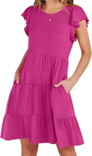 JOAU Women's Summer Dresses 2024 Casual Ruffle Cap Sleeve Crew Neck Mini Dress Loose Fit Tiered Swing A Line Short Dresses