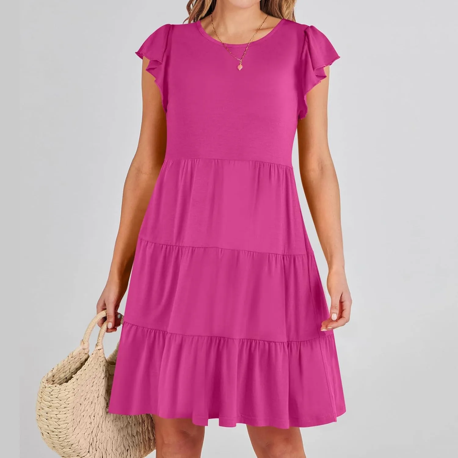 JOAU Women's Summer Dresses 2024 Casual Ruffle Cap Sleeve Crew Neck Mini Dress Loose Fit Tiered Swing A Line Short Dresses