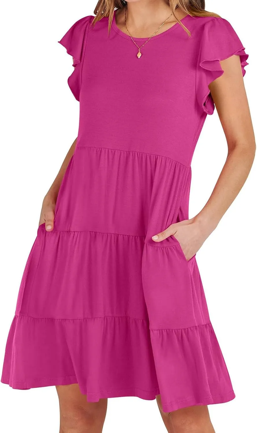 JOAU Women's Summer Dresses 2024 Casual Ruffle Cap Sleeve Crew Neck Mini Dress Loose Fit Tiered Swing A Line Short Dresses