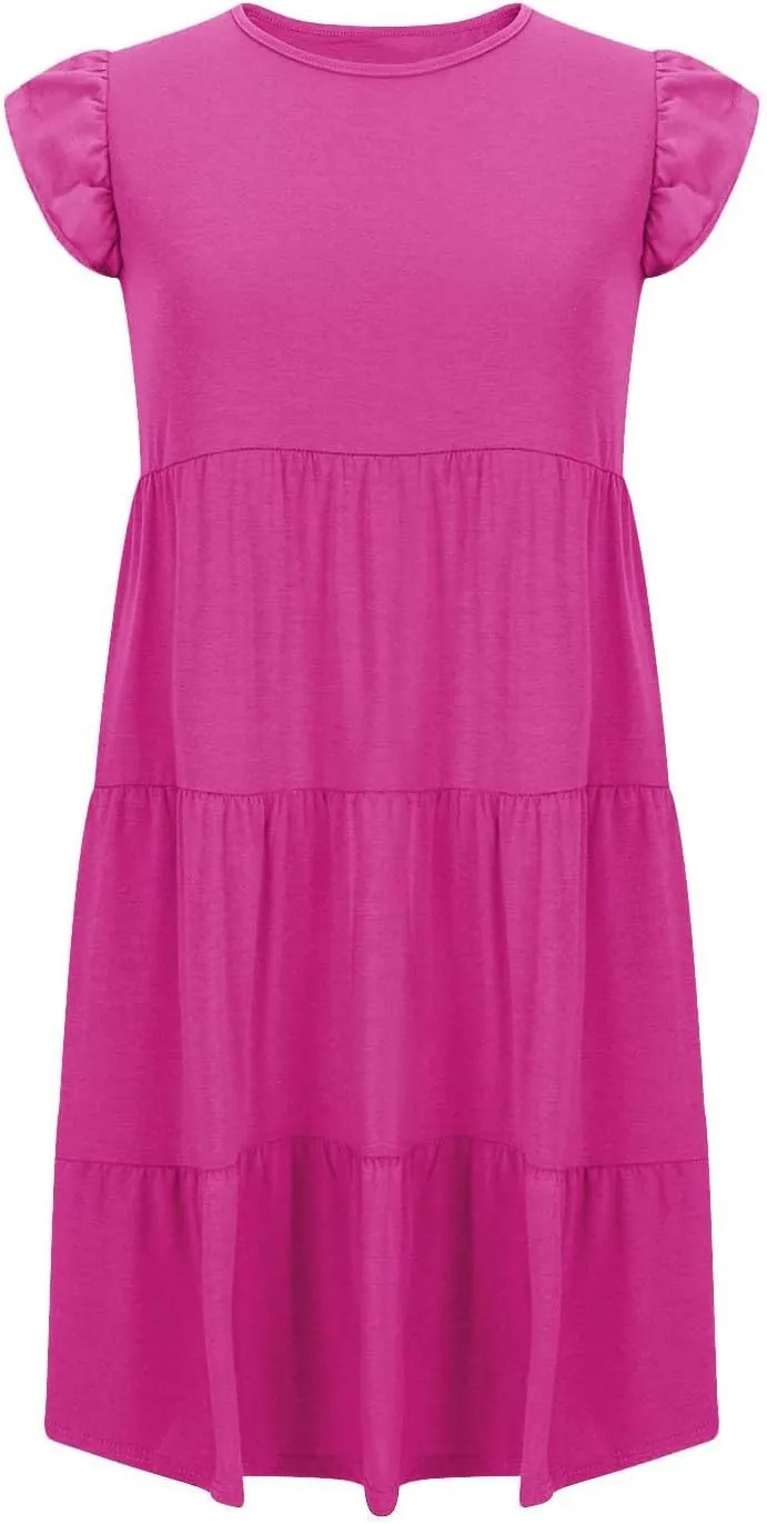JOAU Women's Summer Dresses 2024 Casual Ruffle Cap Sleeve Crew Neck Mini Dress Loose Fit Tiered Swing A Line Short Dresses