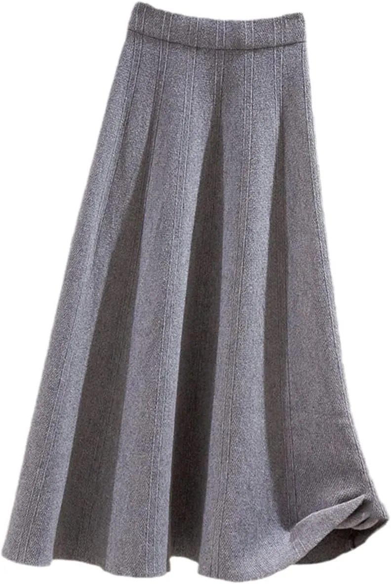 KEHAIOO Winter Autumn Women Knitted Pleated Midi Skirts, Ladies Solid Warm High Waist A-Line Skirt, Female Elegant A-Line