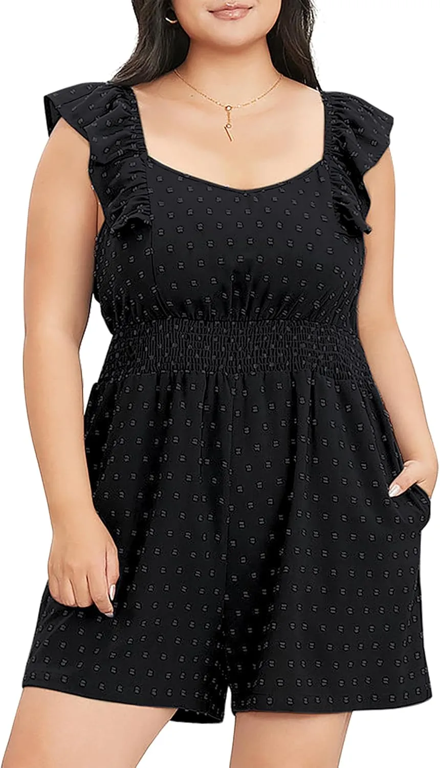 KOJOOIN Women's Plus Size Swiss Dot Rompers Summer Sleeveless Short Jumpsuits with Pockets