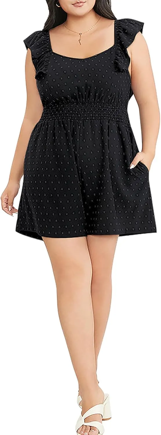 KOJOOIN Women's Plus Size Swiss Dot Rompers Summer Sleeveless Short Jumpsuits with Pockets