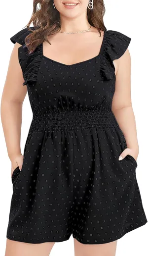 KOJOOIN Women's Plus Size Swiss Dot Rompers Summer Sleeveless Short Jumpsuits with Pockets