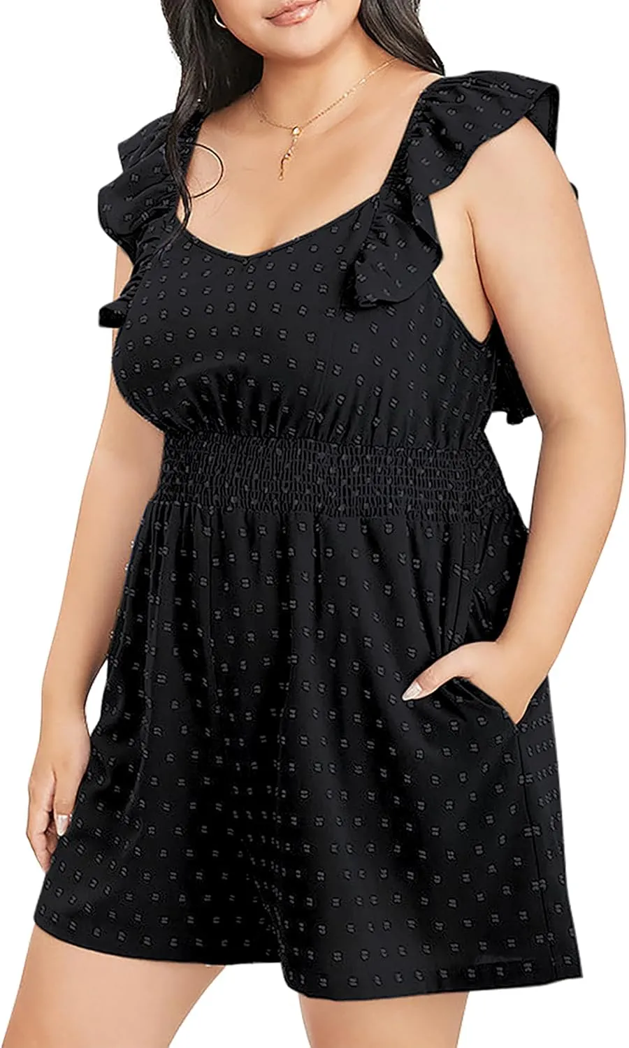 KOJOOIN Women's Plus Size Swiss Dot Rompers Summer Sleeveless Short Jumpsuits with Pockets