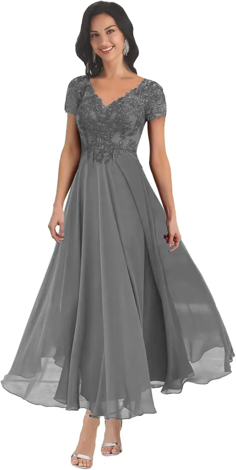 Lace Applique Mother of The Bride Dresses Tea Length V Neck Chiffon Wedding Guest Dress