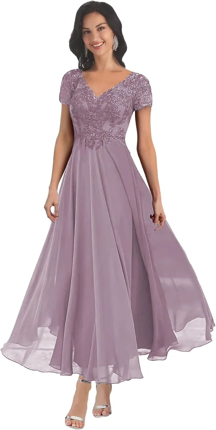 Lace Applique Mother of The Bride Dresses Tea Length V Neck Chiffon Wedding Guest Dress