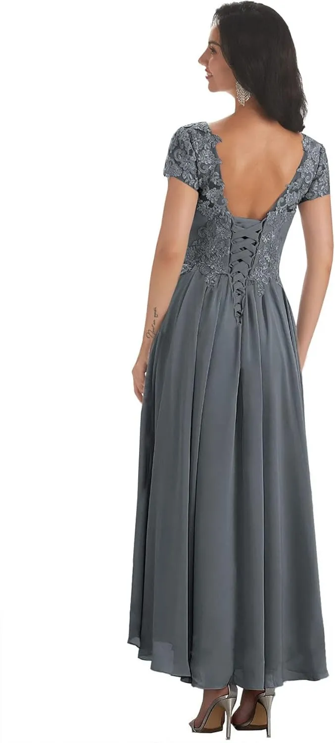 Lace Applique Mother of The Bride Dresses Tea Length V Neck Chiffon Wedding Guest Dress