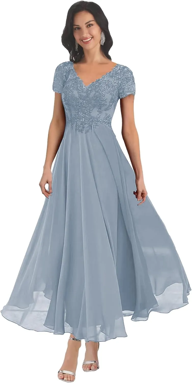 Lace Applique Mother of The Bride Dresses Tea Length V Neck Chiffon Wedding Guest Dress