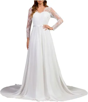 Lace Applique Wedding Dresses for Bride Long Sleeve V-Neck High Waist Floor Length A-Line Long Maxi Bridal Gown