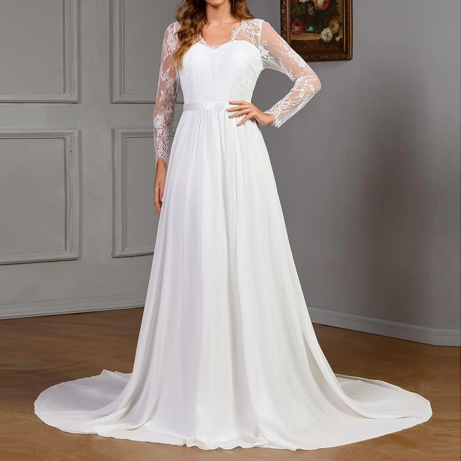 Lace Applique Wedding Dresses for Bride Long Sleeve V-Neck High Waist Floor Length A-Line Long Maxi Bridal Gown