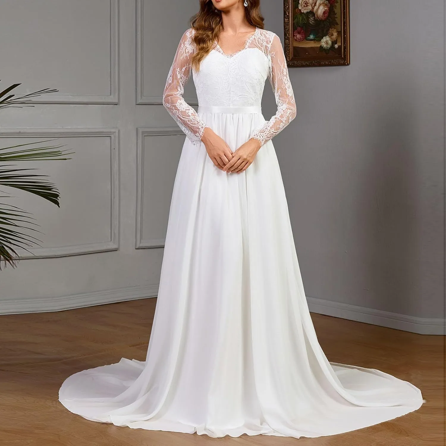 Lace Applique Wedding Dresses for Bride Long Sleeve V-Neck High Waist Floor Length A-Line Long Maxi Bridal Gown
