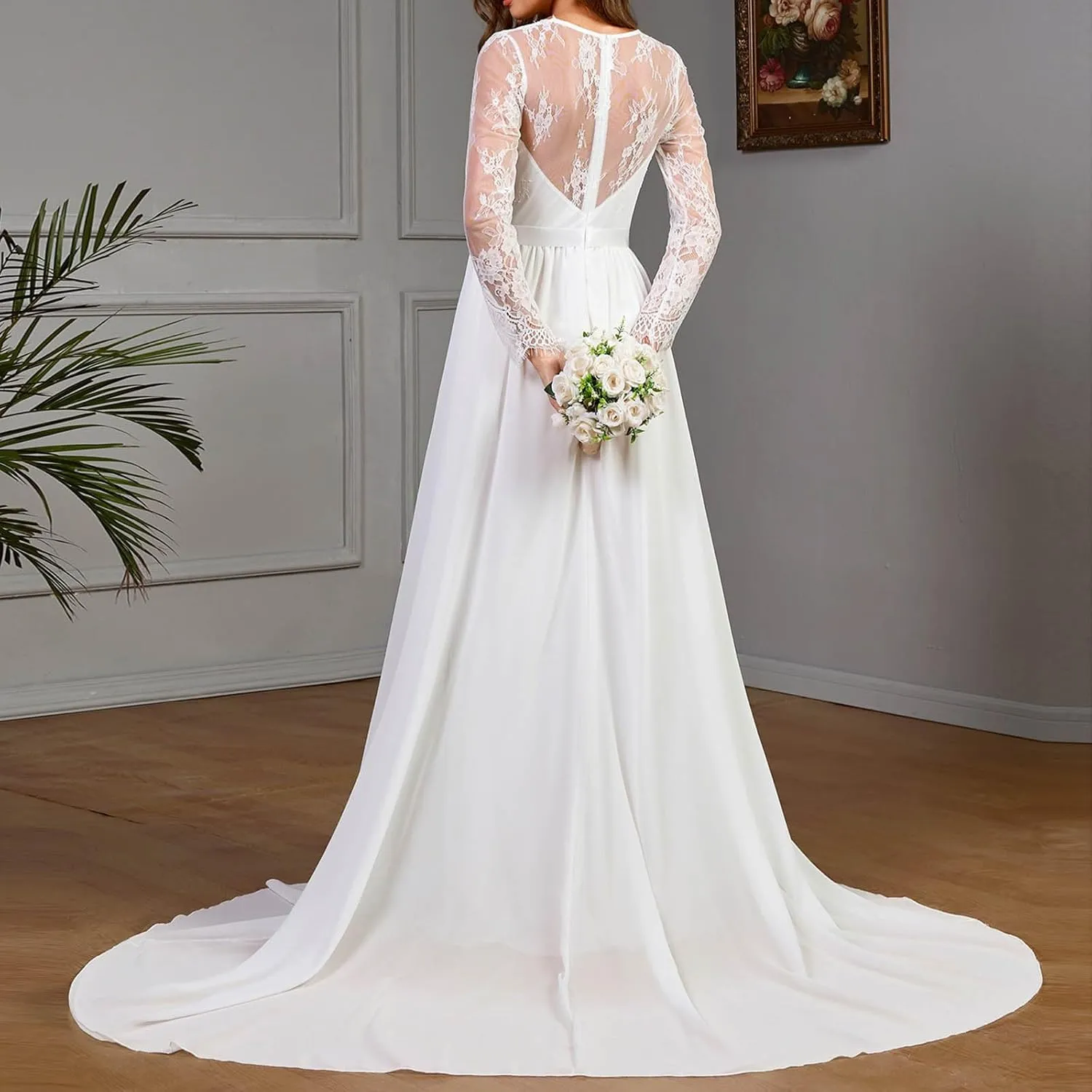 Lace Applique Wedding Dresses for Bride Long Sleeve V-Neck High Waist Floor Length A-Line Long Maxi Bridal Gown