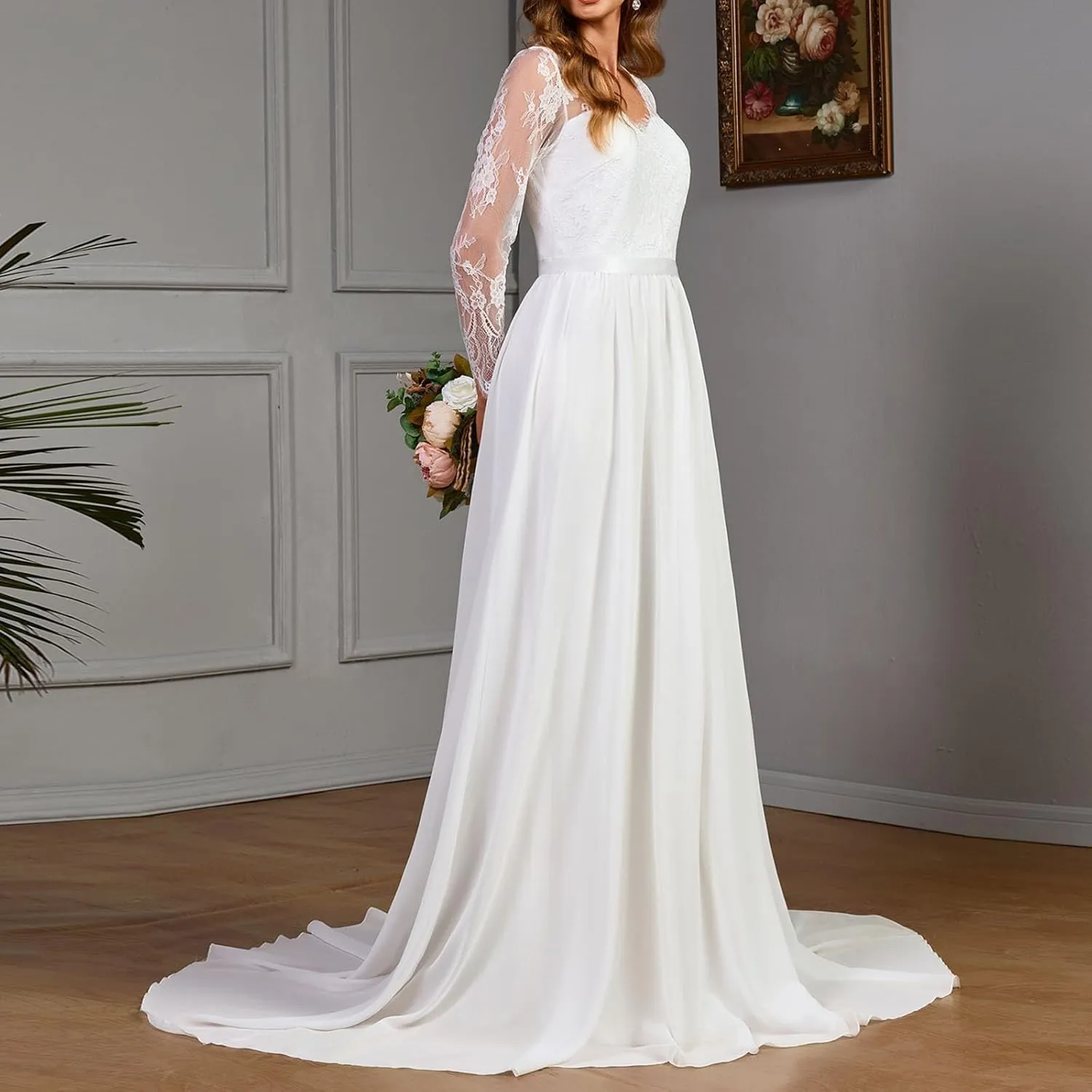Lace Applique Wedding Dresses for Bride Long Sleeve V-Neck High Waist Floor Length A-Line Long Maxi Bridal Gown